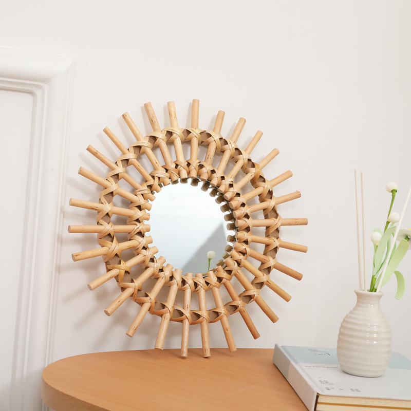 Rattan Mirror Round - Boho-Rattan-Wandspiegel, handgefertigte gewebte Sunburst-Wandkunst, rustikale runde
