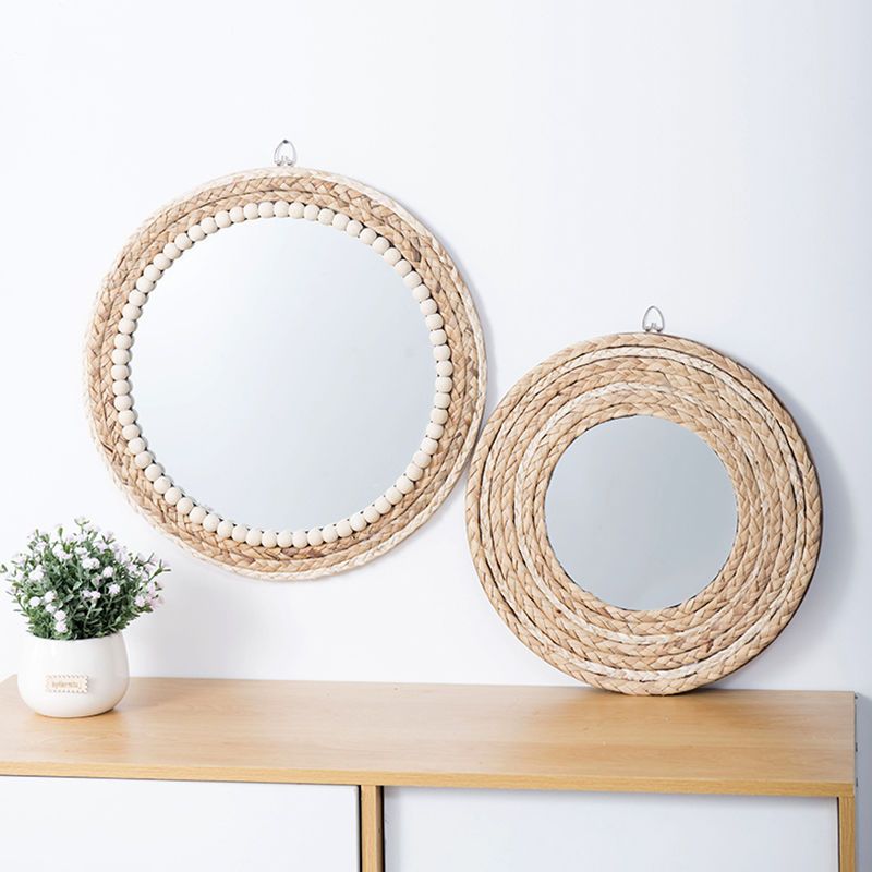Rattan Mirror Round - Rattan-Kunsthandwerk Dekorativer Runder Spiegel Schminkspiegel Bed