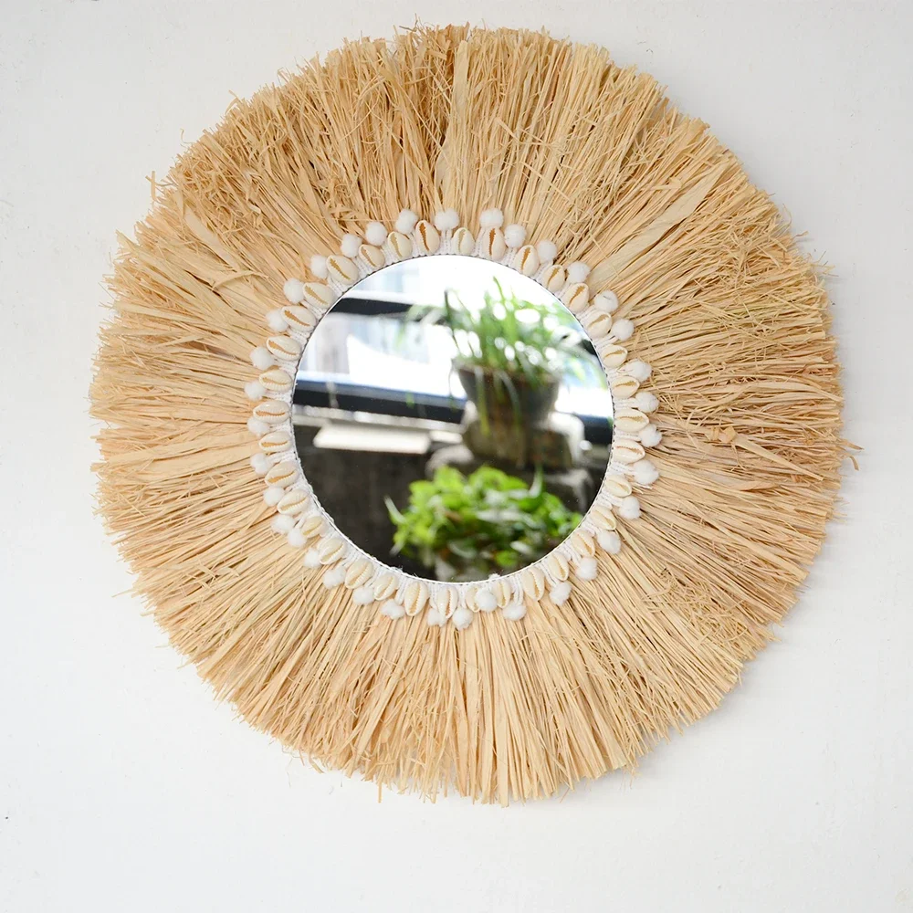 Rattan Mirror Round - Boho Heimtextilien Wald Bast Dekorative Wandspiegel