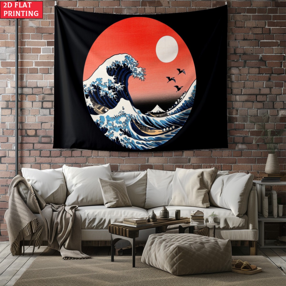 Interior Design Zen - Ungerahmter japanischer Wellen-Sonnenuntergang-Wandteppich, von Hokusai inspirierte